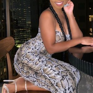Snakeskin Ruched Bodycon Midi Dress